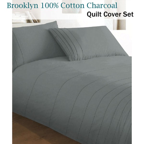 Holysheet Brooklyn Pintuck 250TC Cotton Quilt Doona Duvet Cover Set Charcoal Grey King