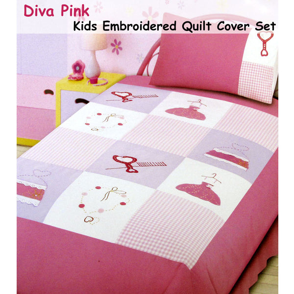 Diva Girls Accessories Embroidered Quilt Doona Divet Cover Set Pink Single