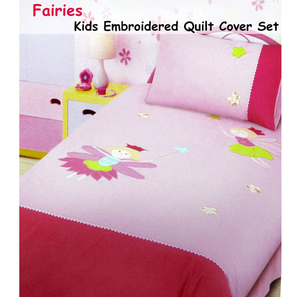 Fairies Embroidered Quilt Doona Duvet Cover Set Pink Single