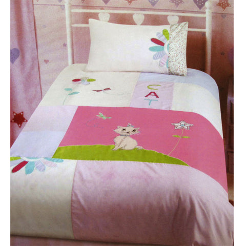 Kitty Cat Embroidered Quilt Doona Duvet Cover Set Pink Single
