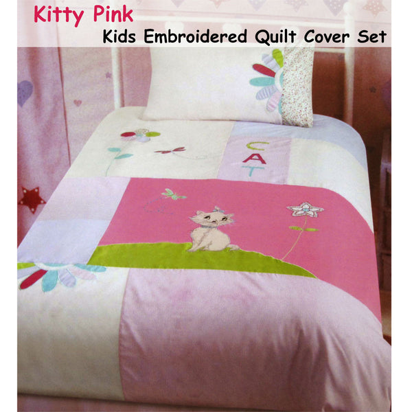 Kitty Cat Embroidered Quilt Doona Duvet Cover Set Pink Single
