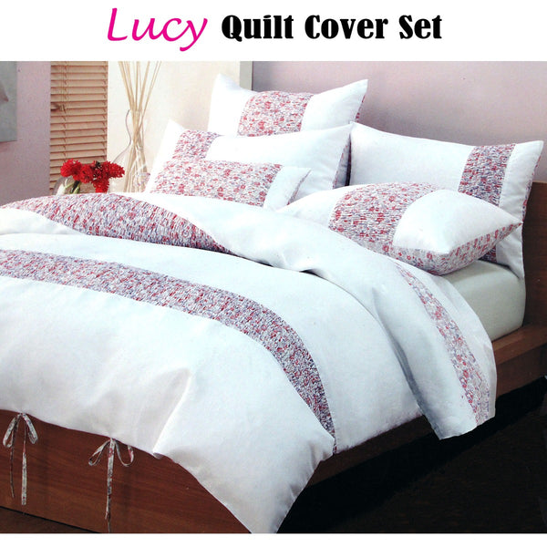 Lucy Floral Cotton Blend Quilt Doona Duvet Cover Set Pink White Queen