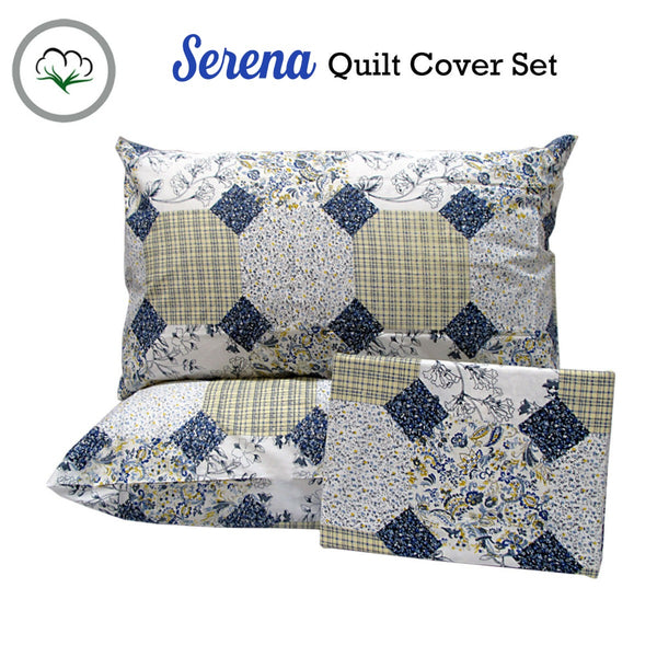 Serena Patchwork Cotton Quilt Doona Duvet Cover Set Blue Queen
