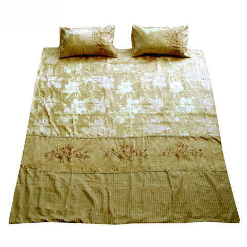 Monet Floral Embroidery Ribbons Quilt Doona Duvet Cover Set Queen Gold