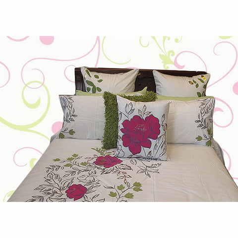 Monique Floral Embroidered Quilt Doona Duvet Cover Set Hot Pink Cream Double