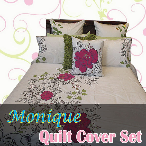 Monique Floral Embroidered Quilt Doona Duvet Cover Set Hot Pink Cream Double