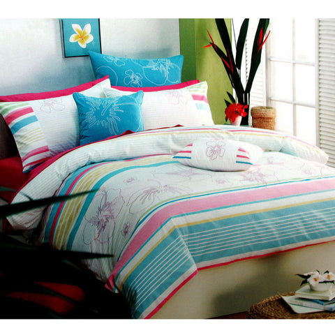 Palila Floral Striped Yarn Dyed Quilt Doona Duvet Cover Set Aqua Queen