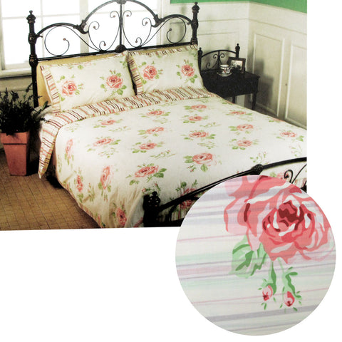 Rose Stripes Polyester Cotton Quilt Doona Duvet Cover Set Cream Queen