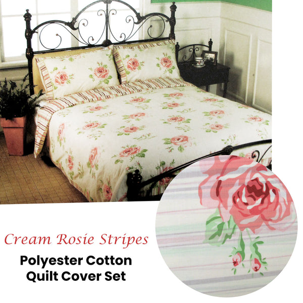 Rose Stripes Polyester Cotton Quilt Doona Duvet Cover Set Cream Queen