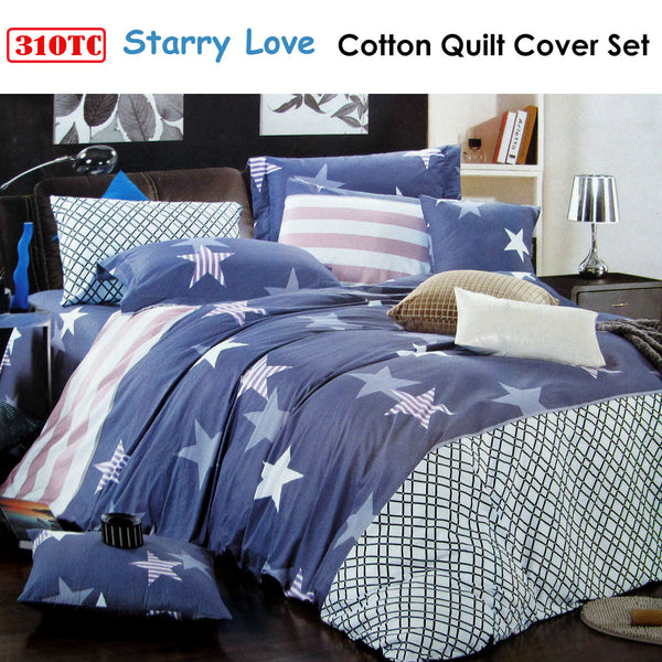 Starry Love 310 TC Cotton Printed Quilt Doona Duvet Cover Set Blue Single