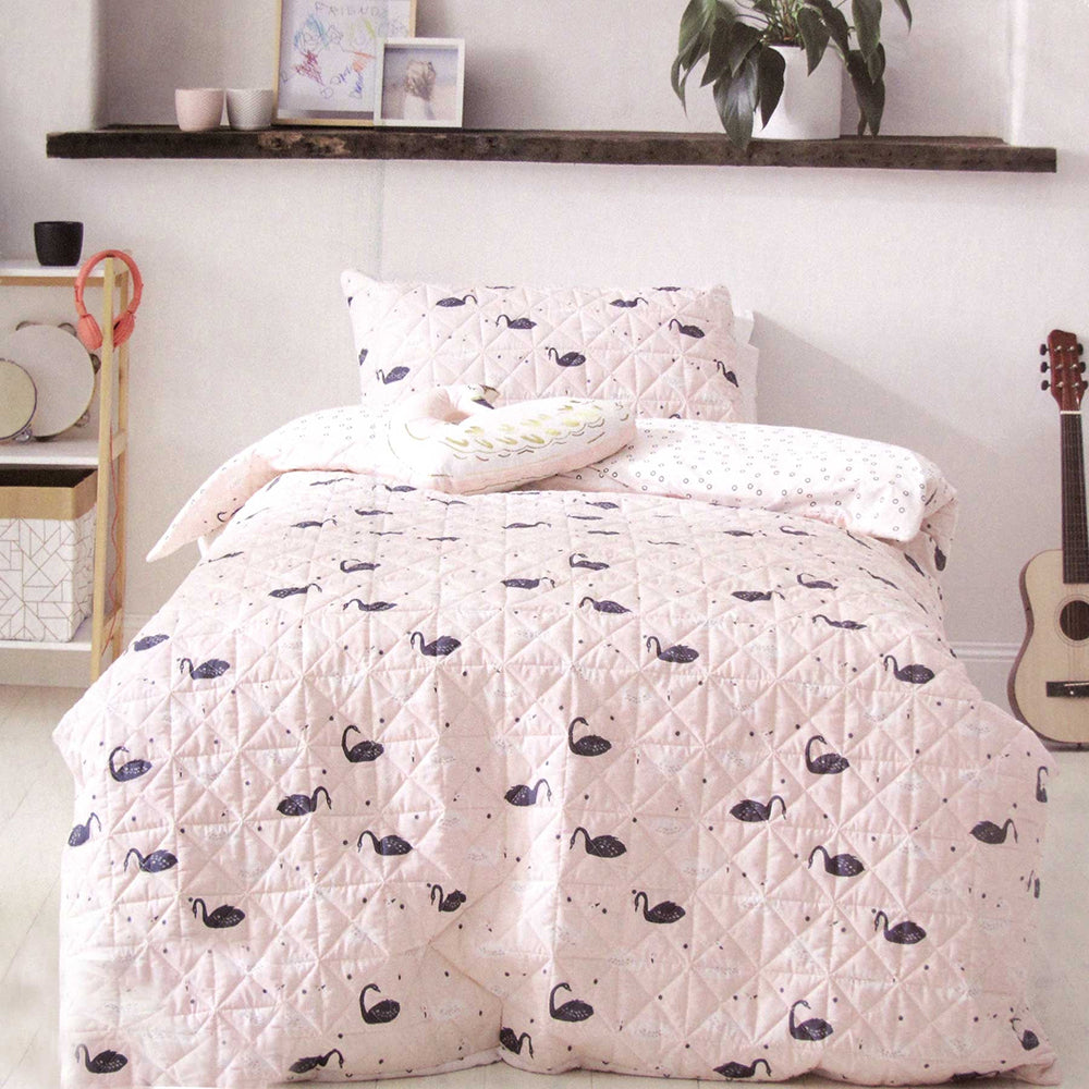 Swans Quilted Polyester Cotton Quilt Doona Duvet Cover Set Pink Single