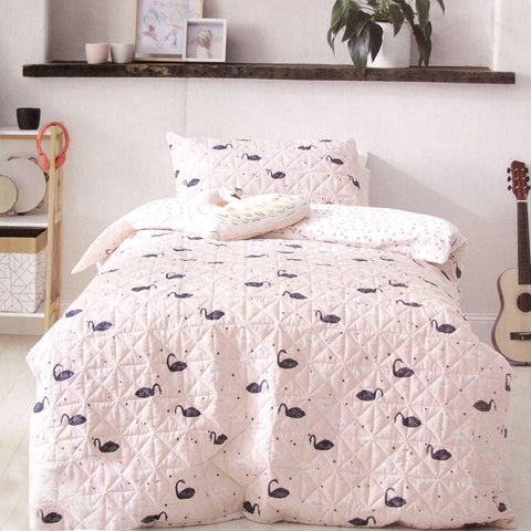Swans Quilted Polyester Cotton Quilt Doona Duvet Cover Set Pink Single
