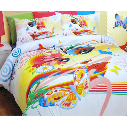 Reilly Woman's Face Butterfly Cotton Quilt Doona Duvet Cover Set Queen