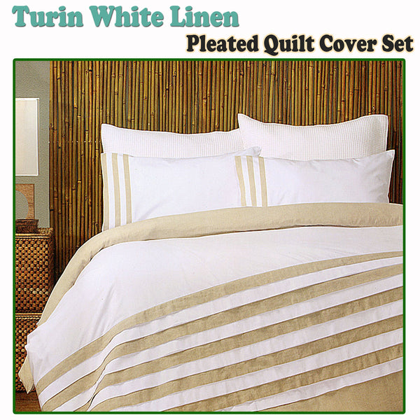 Turin Pleated Cotton Linen Quilt Doona Duvet Cover Set White Taupe King
