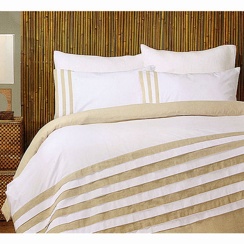 Turin Pleated Cotton Linen Quilt Doona Duvet Cover Set White Taupe Queen