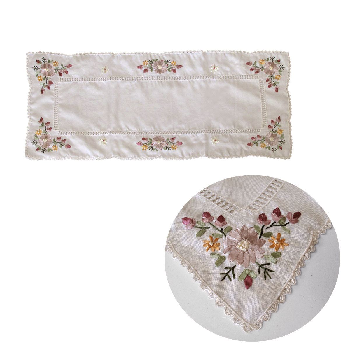 Victoriana Floral Applique Embroidered Tablerunner 40 x 90cm Cream