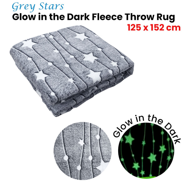 Grey Stars Glow in the Dark 350gsm Blanket Throw Rug 125 x 152cm