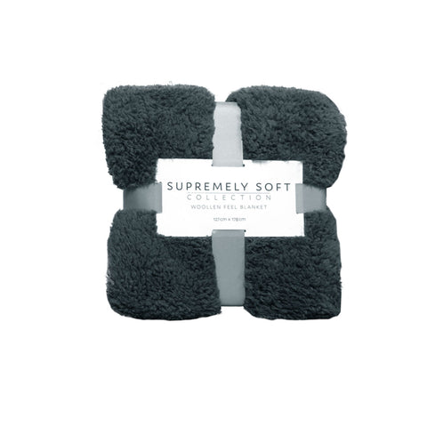 Soft Woollen Feel Fleece 250gsm Throw Rug Blanket Charcoal Grey 127 x 178cm