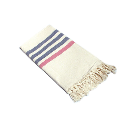Turkish Peshtemal Cotton Towel Fringe Wide Stripes Navy Pink 100 x 180cm