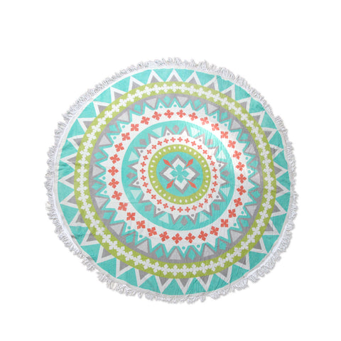 Zoey Mandala Geometric Cotton Round Beach Towel 150cm White Blue Green