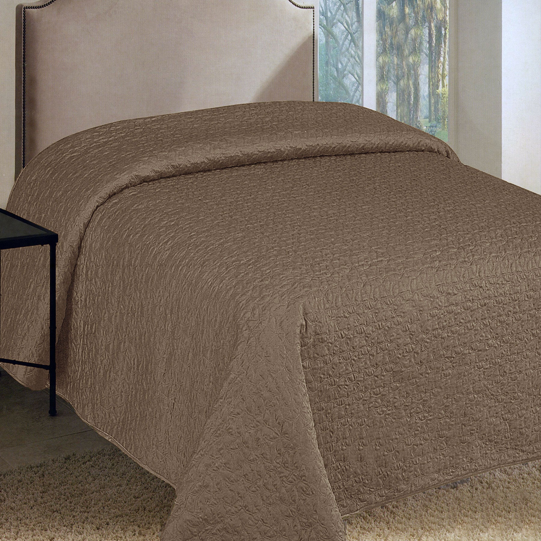 Faux Silk Embroidered Coverlet Bedspread Quilt Coffee Brown Queen