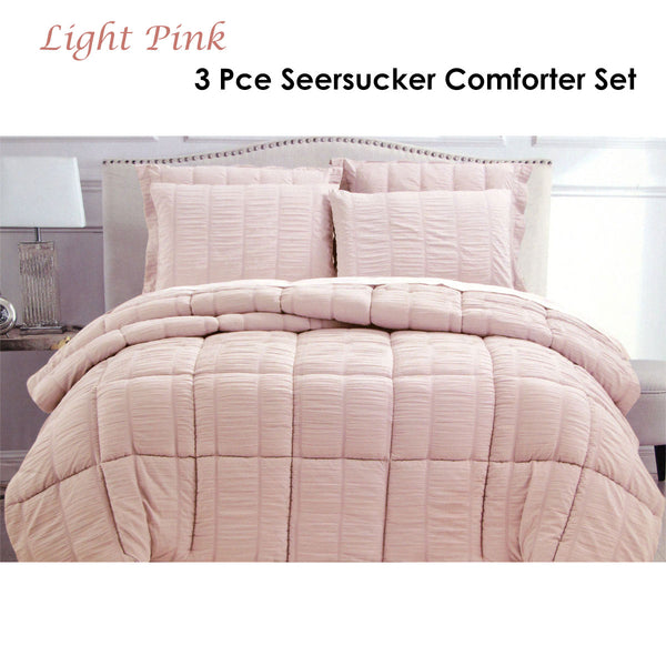 Hotel Living 3 Piece Seersucker Comforter Bedspread Coverlet Set Queen Pink