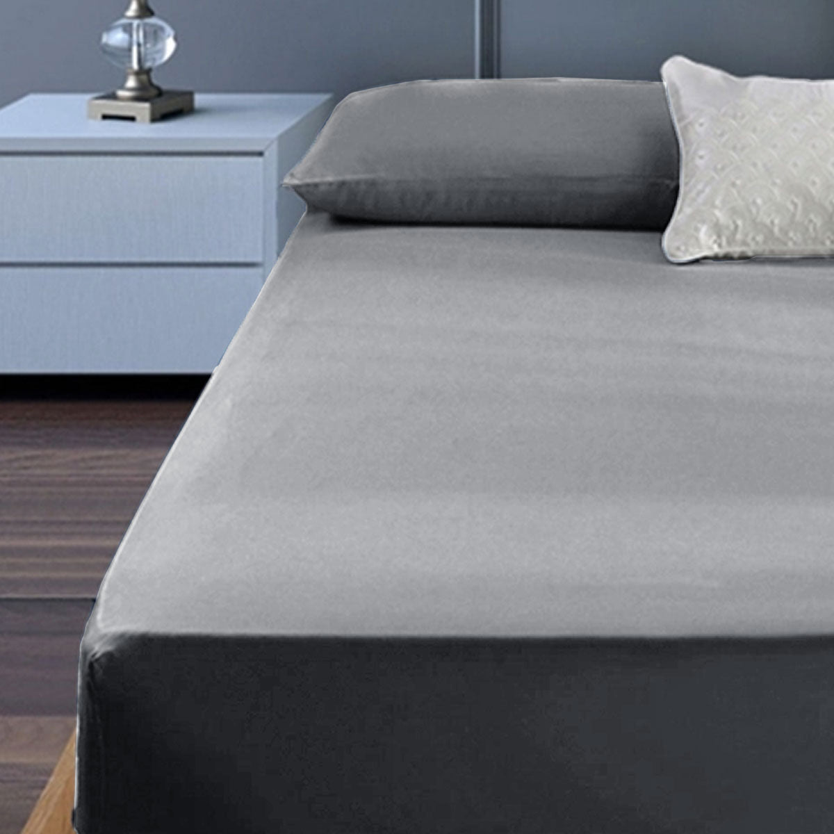 400TC Cotton Percale Fitted Bed Sheet Set 50cm Wall Grey King Single