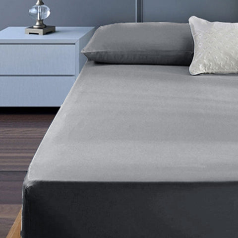 400TC Cotton Percale Fitted Bed Sheet Set 50cm Wall Grey King Single