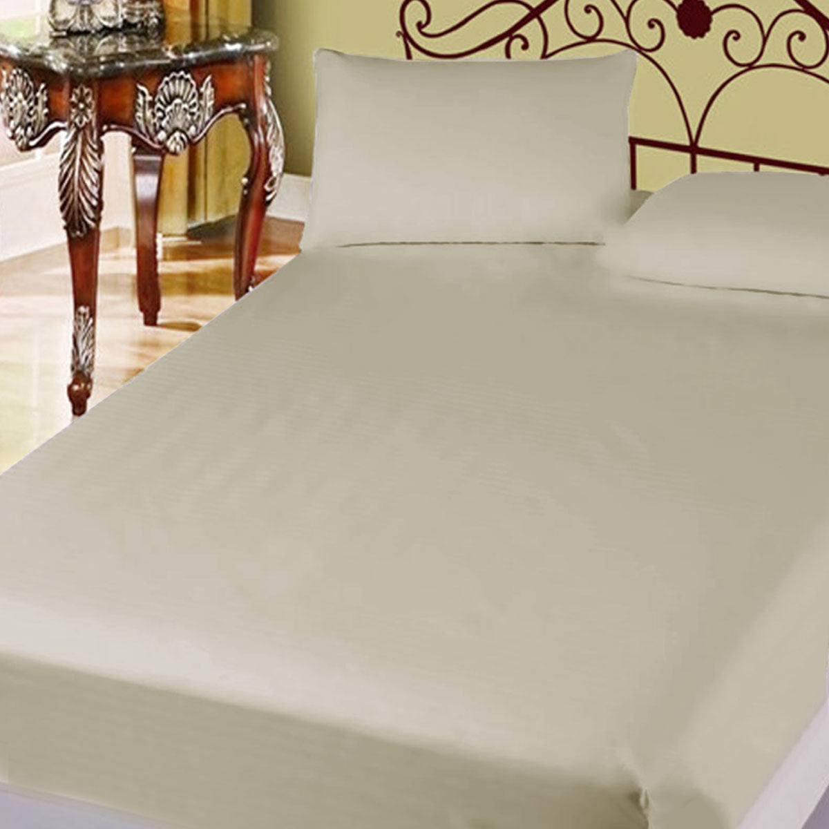 400TC Cotton Percale Fitted Bed Sheet Set 50cm Wall Taupe Super Queen