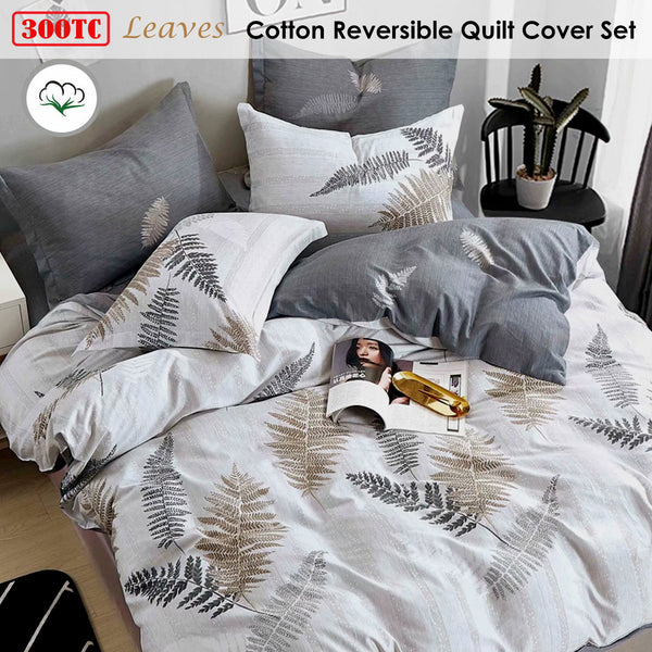 Leaves Reversible Cotton Quilt Doona Duvet Cover Set Grey White Queen