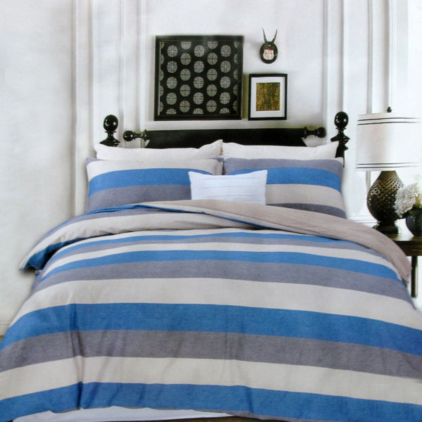 Beachy 250TC Cotton Reversible Quilt Doona Duvet Cover Set Striped Queen Blue Grey