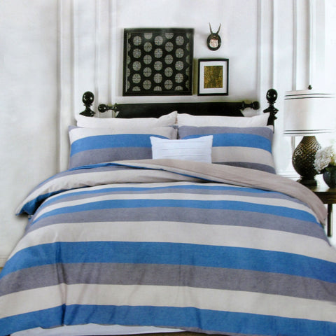 Beachy 250TC Cotton Reversible Quilt Doona Duvet Cover Set Striped Queen Blue Grey