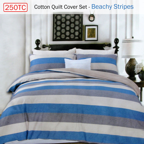 Beachy 250TC Cotton Reversible Quilt Doona Duvet Cover Set Striped Queen Blue Grey