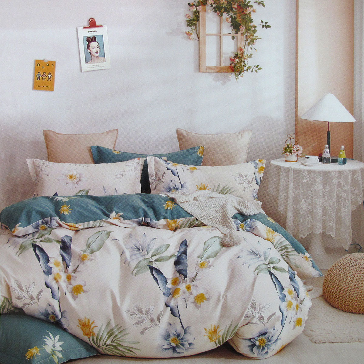 Chloe Home Floral Cotton Reversible Quilt Doona Duvet Cover Set Cream Queen