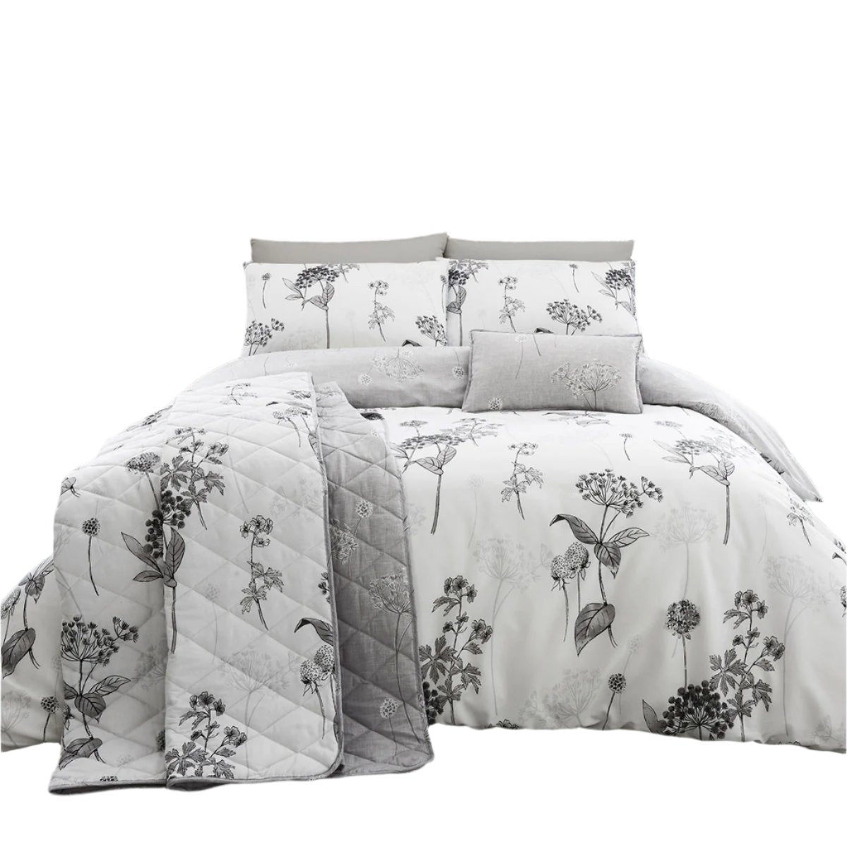 Coverley Floral Cotton Quilt Doona Duvet Cover Set Grey White Queen