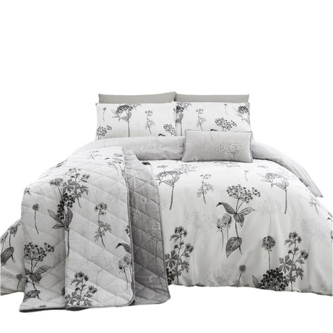 Coverley Floral Cotton Quilt Doona Duvet Cover Set Grey White Queen