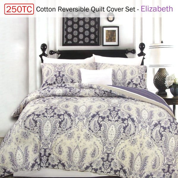 Elizabeth 250TC Damask Pattern Cotton Reversible Quilt Doona Duvet Cover Set Queen