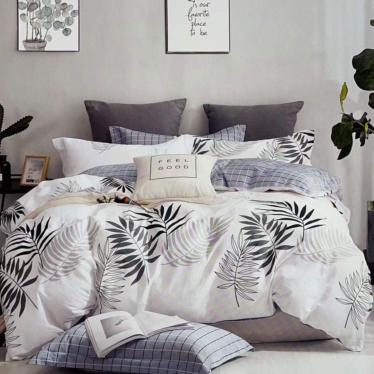 Fernwood Cotton Reversible Quilt Doona Duvet Cover Set Grey White Queen