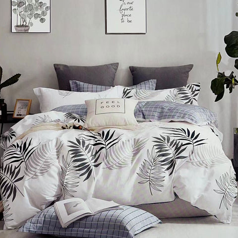Fernwood Cotton Reversible Quilt Doona Duvet Cover Set Grey White Queen