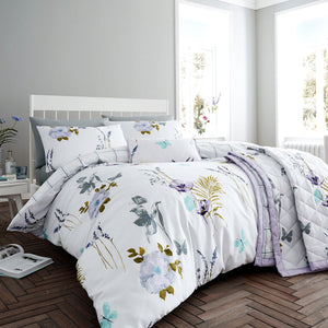 Flora Flowers Quilt Doona Duvet Cover Set Lilac White Super King