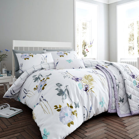 Flora Flowers Quilt Doona Duvet Cover Set Lilac White Super King