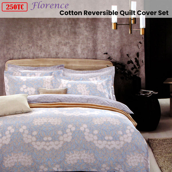 Florence 250TC Floral Cotton Quilt Doona Duvet Cover Set King Blue Taupe