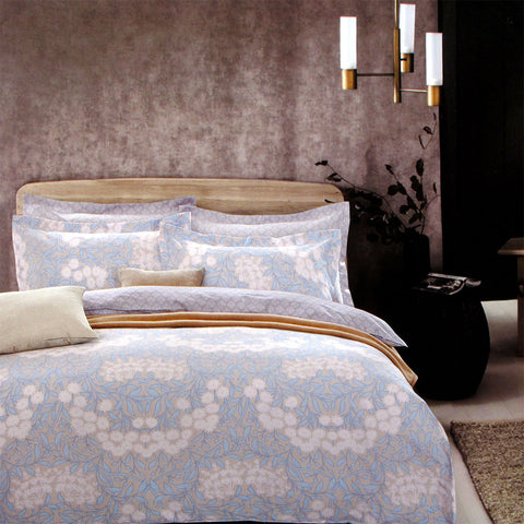 Florence 250TC Floral Cotton Quilt Doona Duvet Cover Set Queen Blue Taupe