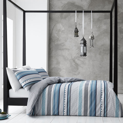 Gabrielle Tribal Striped Quilt Doona Duvet Cover Set Blue Grey King
