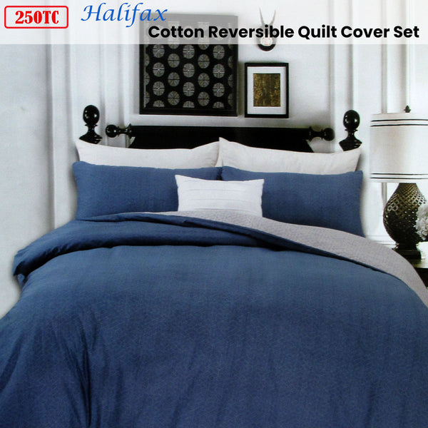 Halifax 250TC Geometric Cotton Quilt Doona Duvet Cover Set Queen Blue Taupe