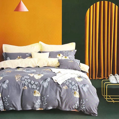 Harlo Floral Cotton Reversible Quilt Doona Duvet Cover Set Grey King