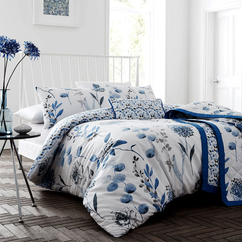 Ink Floral Quilt Doona Duvet Cover Set Blue White Queen