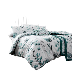 Ink Floral Quilt Doona Duvet Cover Set Teal White Super King
