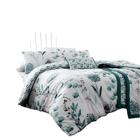 Ink Floral Quilt Doona Duvet Cover Set Teal White Super King