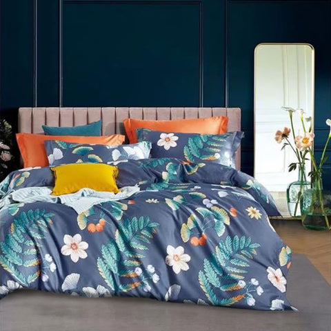 Mirade Garden 400TC Cotton Sateen Quilt Doona Duvet Cover Set Blue Queen